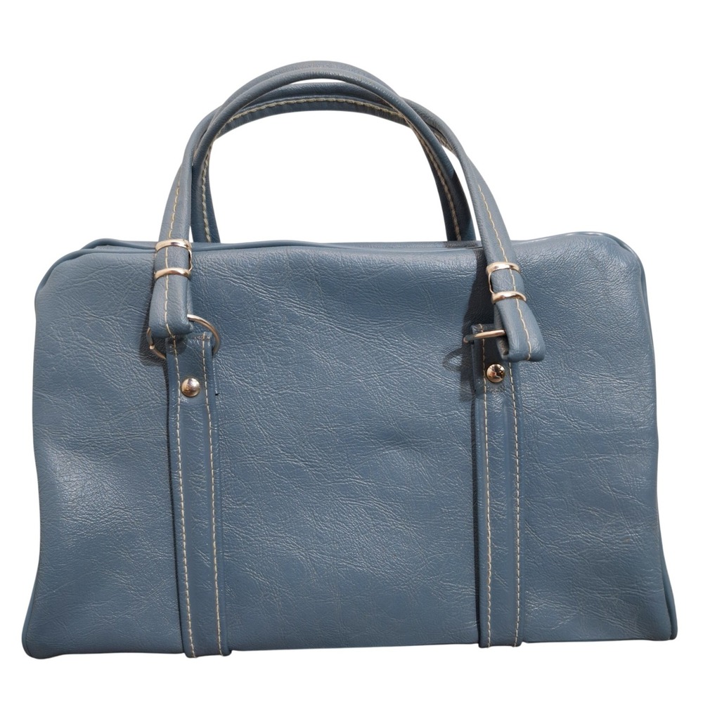 Vintage Robin Blue Faux Leather Satchel Top Handle Handbag with Silver Hardware